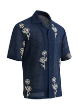 Navy Embroidered Floral Motif Down Button oversized Shirt
