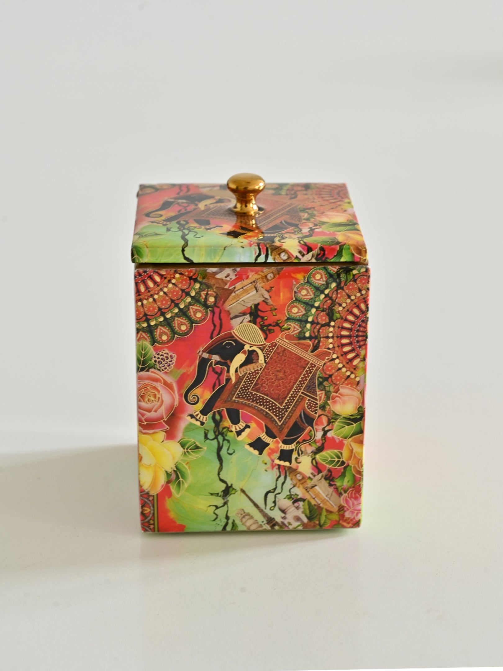Multi Elephant Flower Printed Cotton Bud Jar
