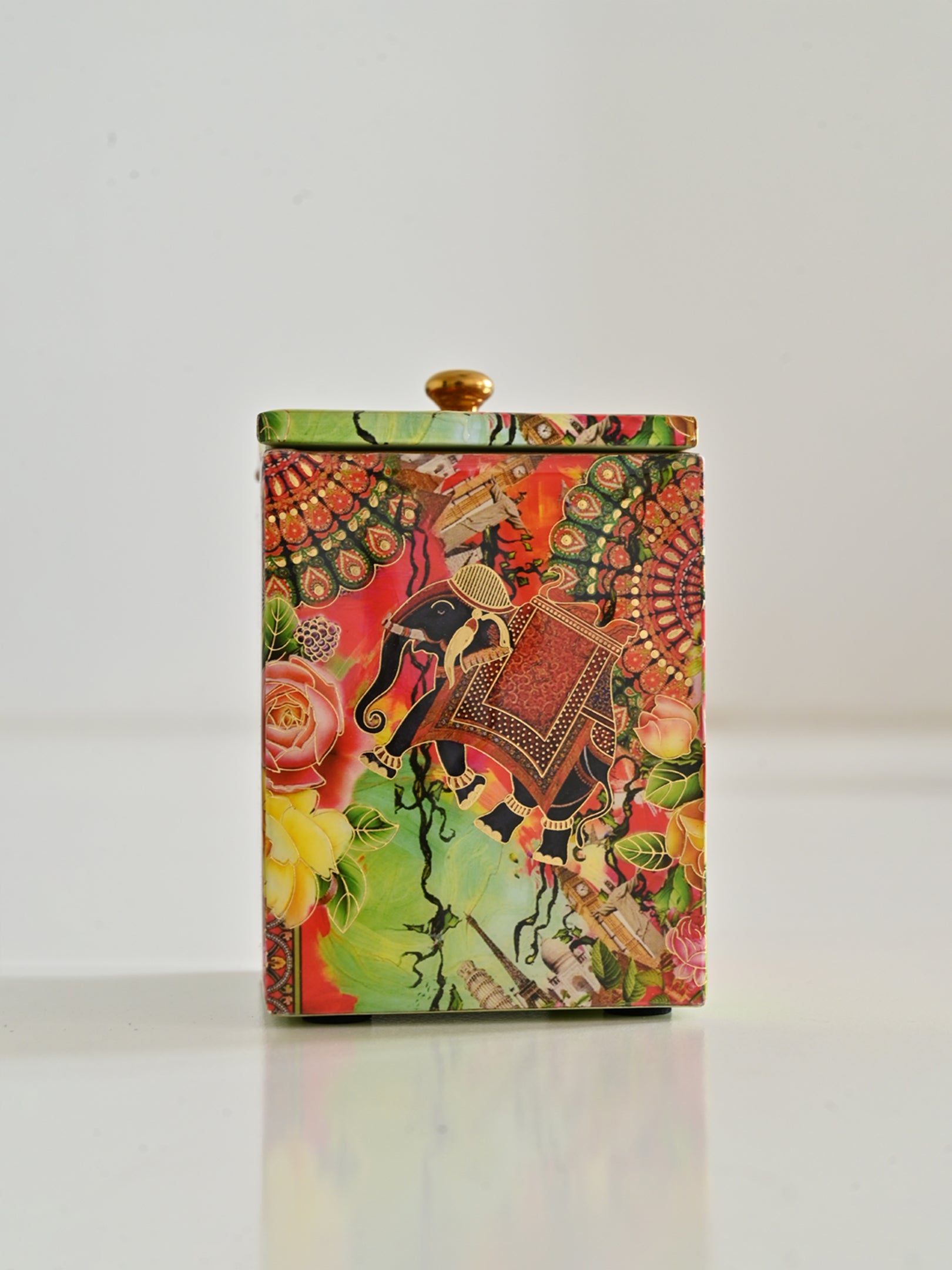 Multi Elephant Flower Printed Cotton Bud Jar