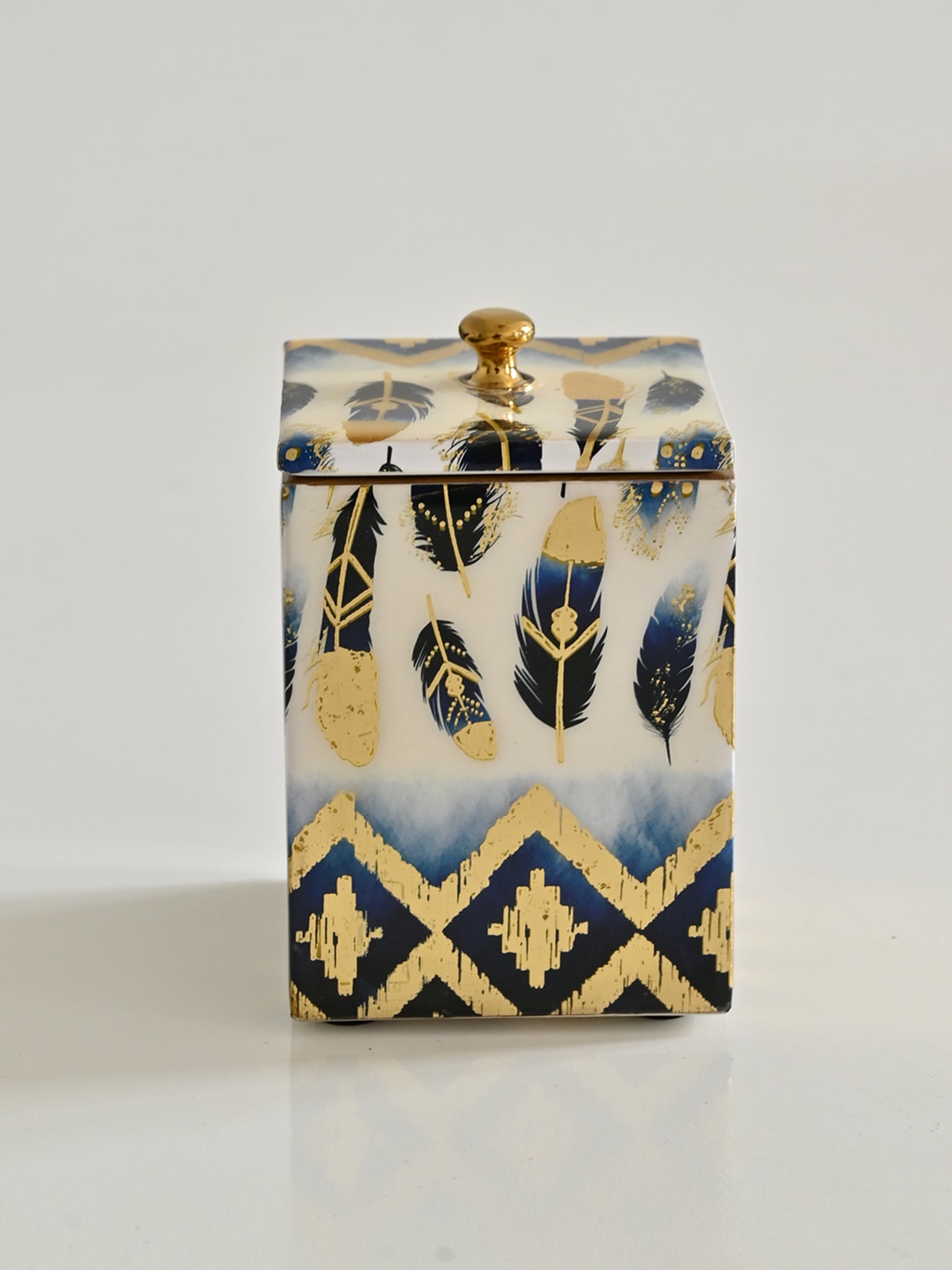 Blue Feather Printed Cotton Bud Jar