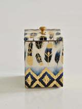 Blue Feather Printed Cotton Bud Jar