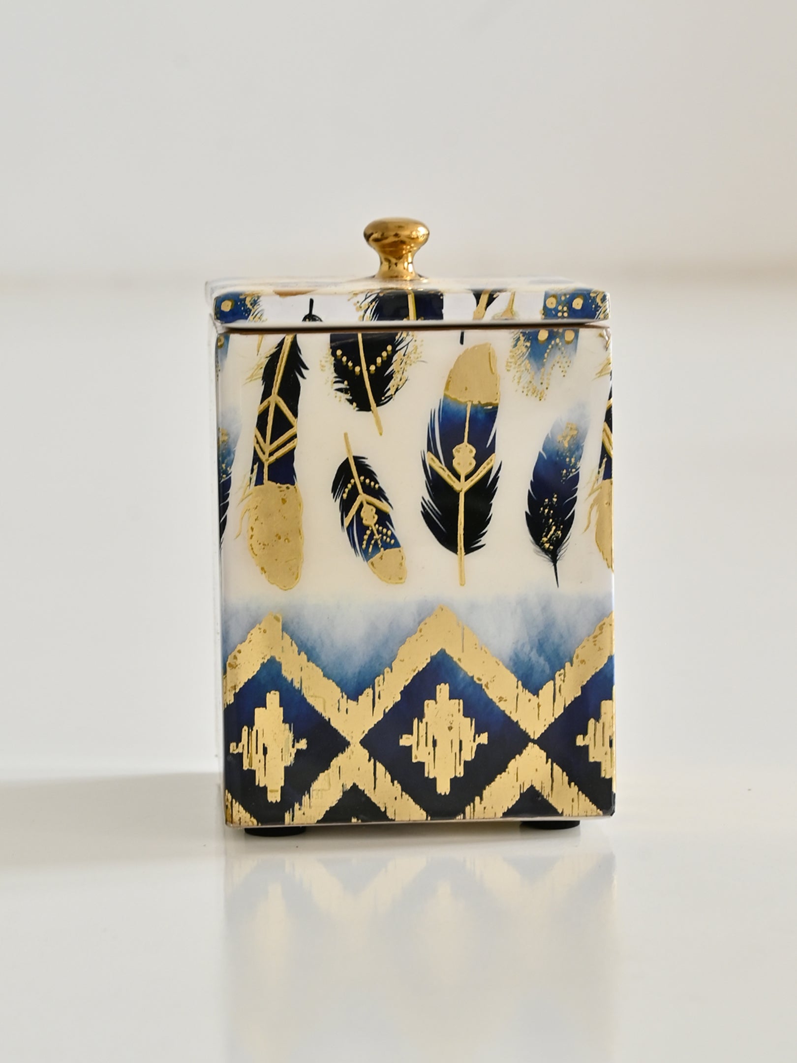 Blue Feather Printed Cotton Bud Jar