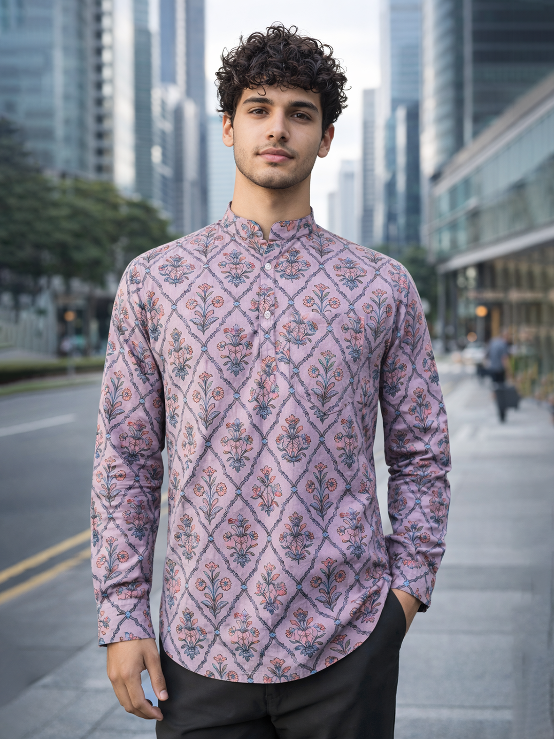 Peach Floral Sanganeri Printed Short Kurta