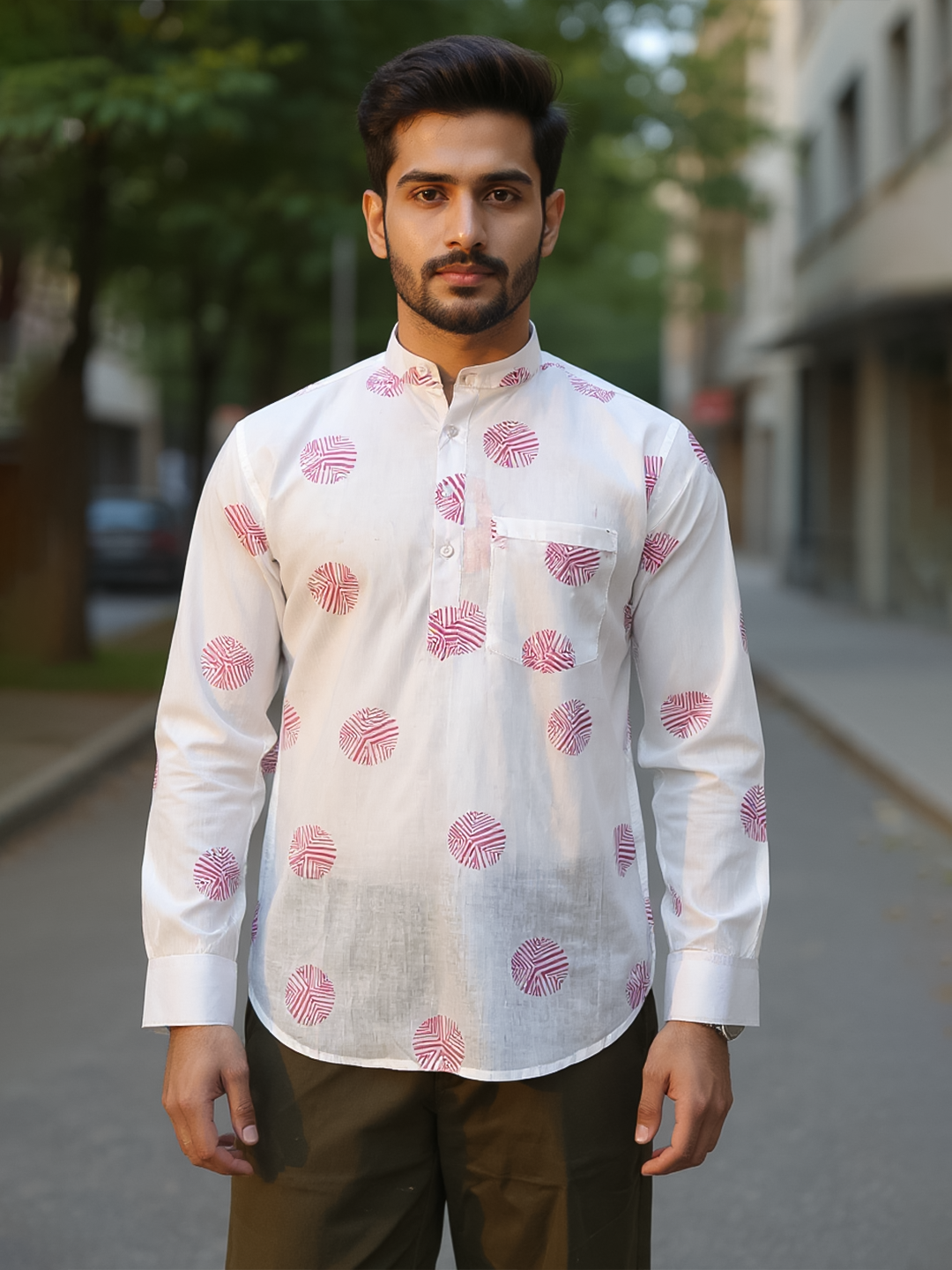 Off White Block Circle Sanganeri Printed Short Kurta