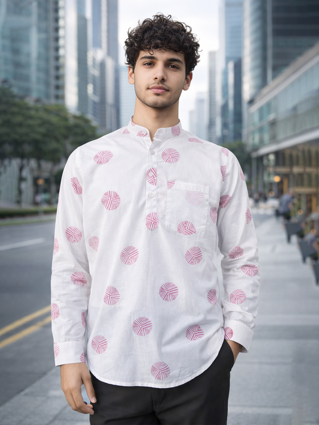 Off White Block Circle Sanganeri Printed Short Kurta
