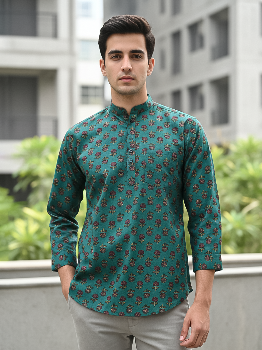Pine Green Floral Sanganeri Short Kurta