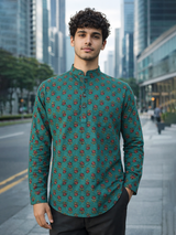 Pine Green Floral Sanganeri Short Kurta