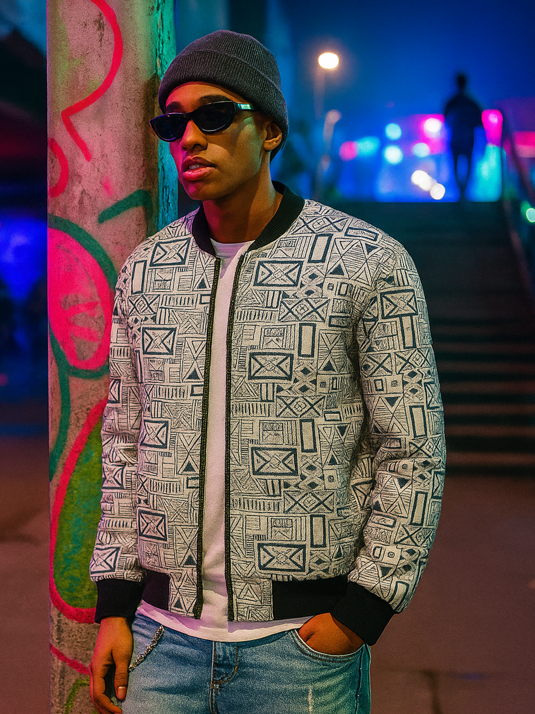 Light Grey Geometric Printed Velvet Jacket