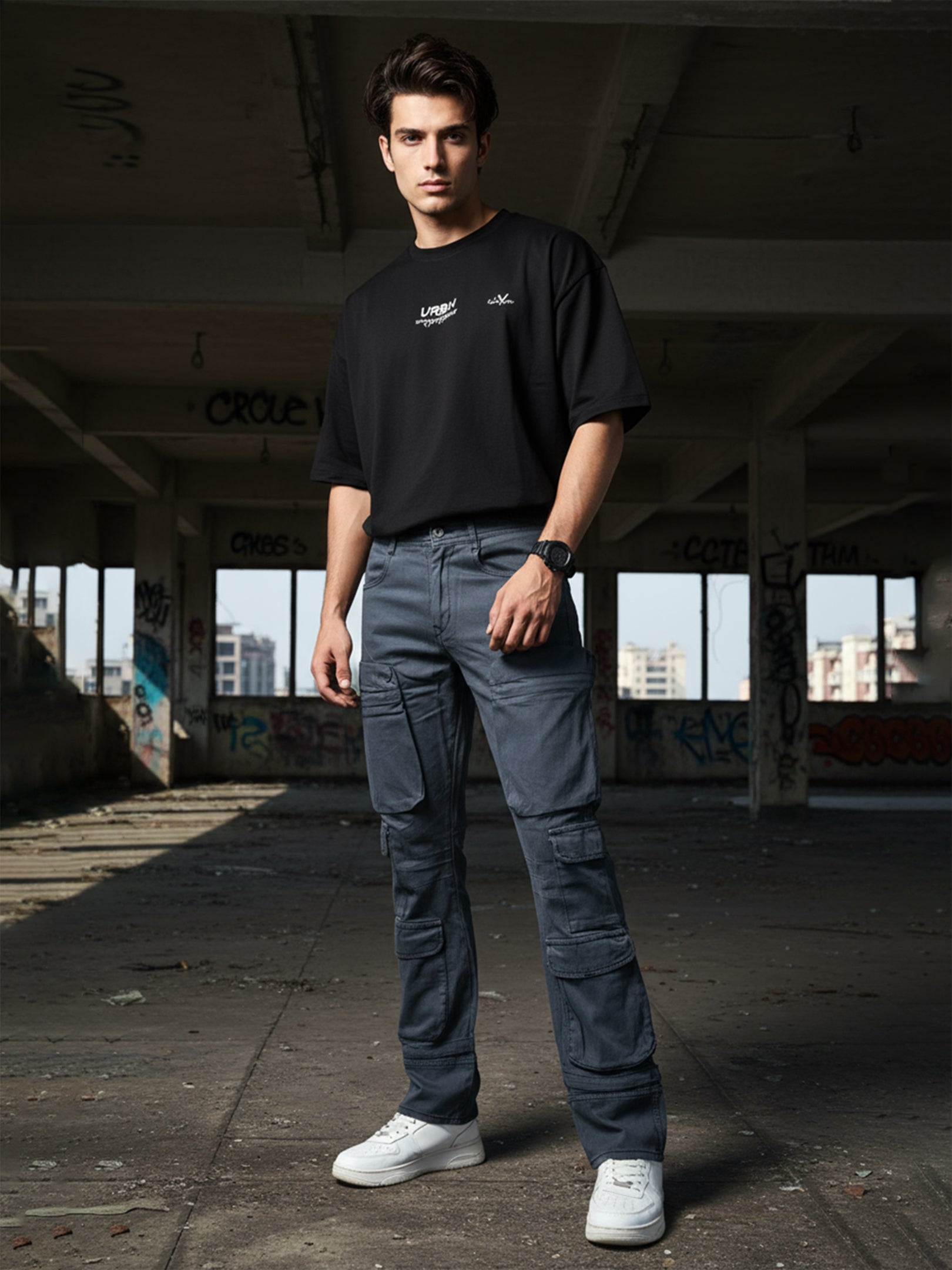 Black 10-Pocket Men's Denim Cargo