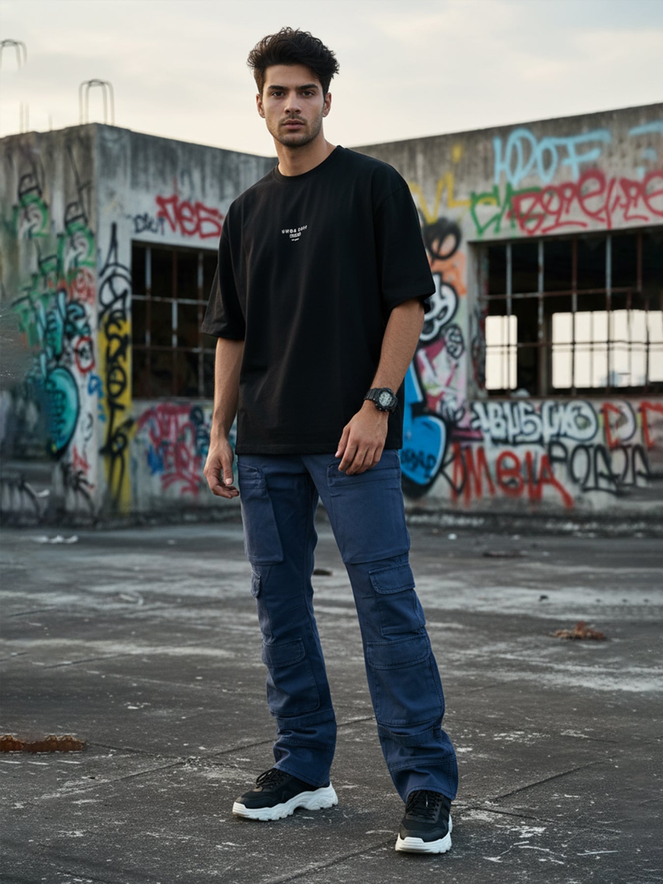 Navy 10-Pocket Men's Denim Cargo