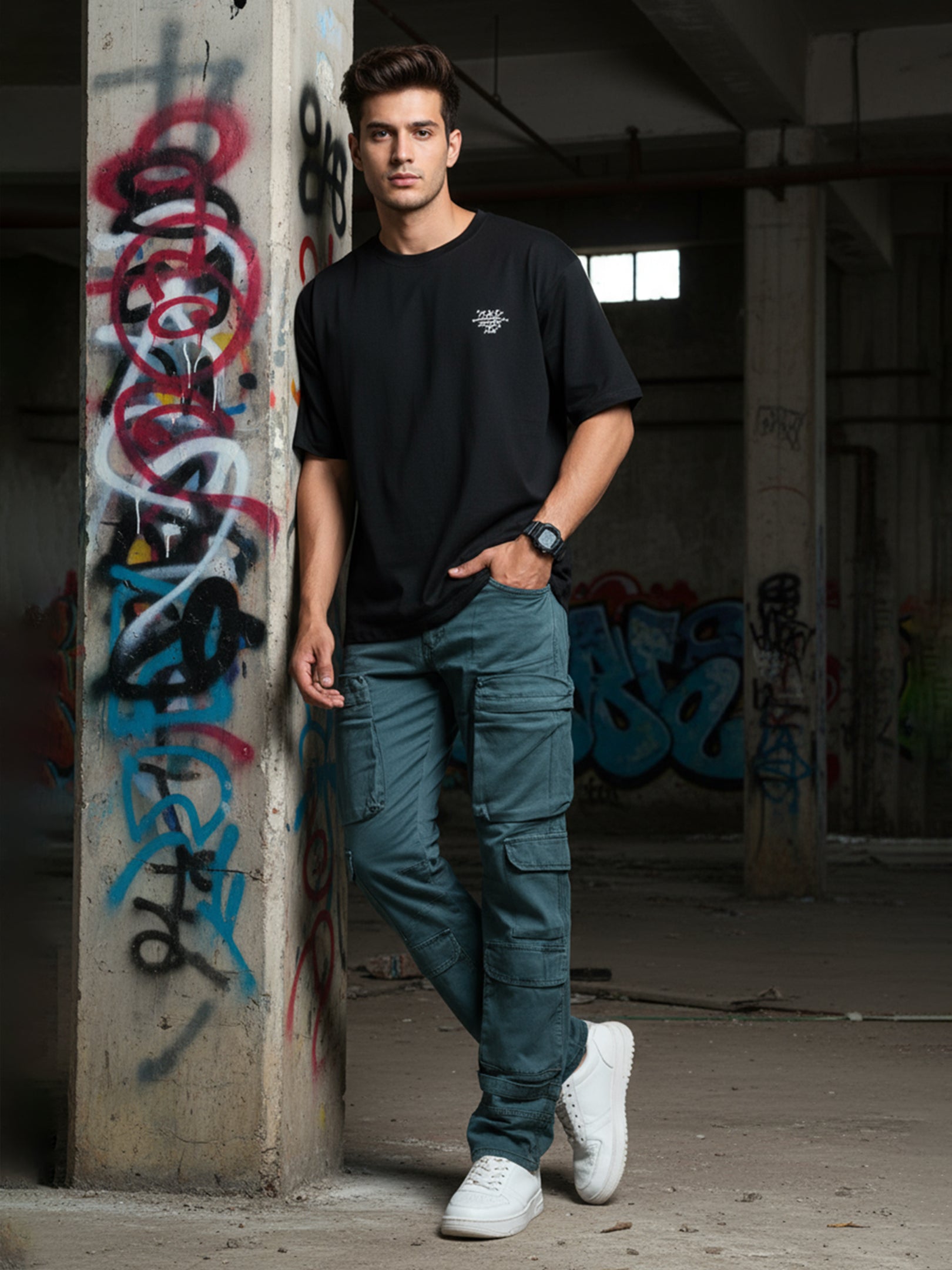 Olive Green 10-Pocket Men's Denim Cargo