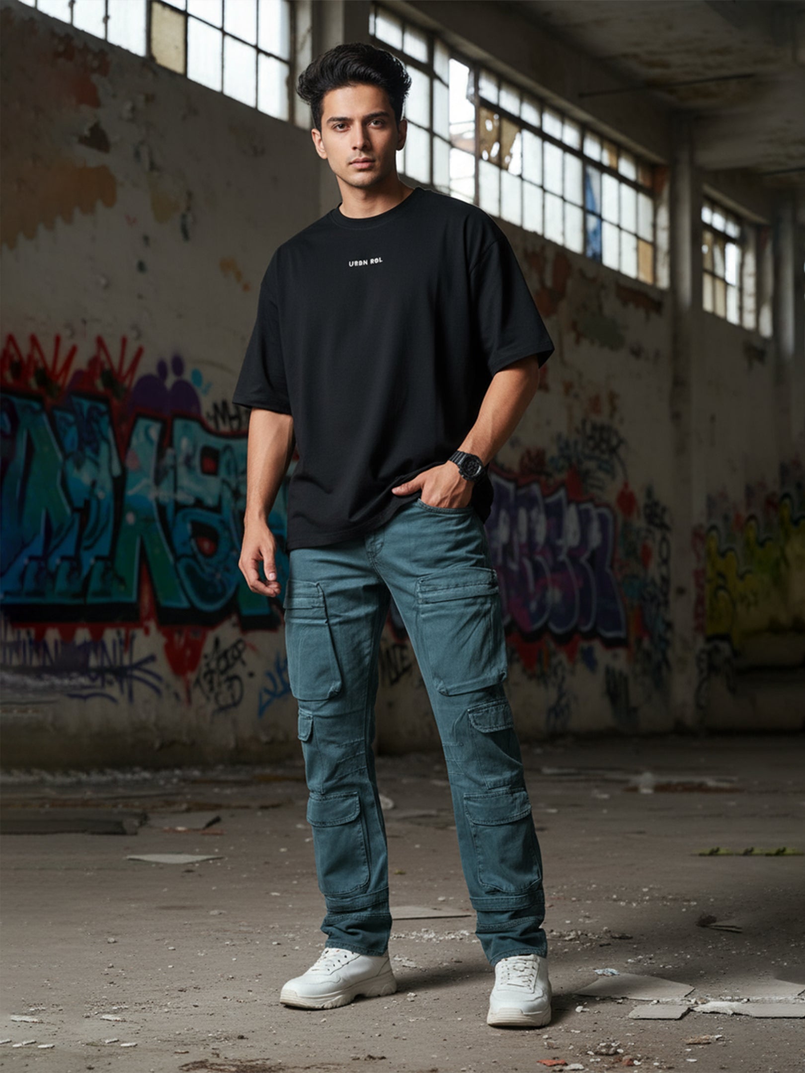 Olive Green 10-Pocket Men's Denim Cargo