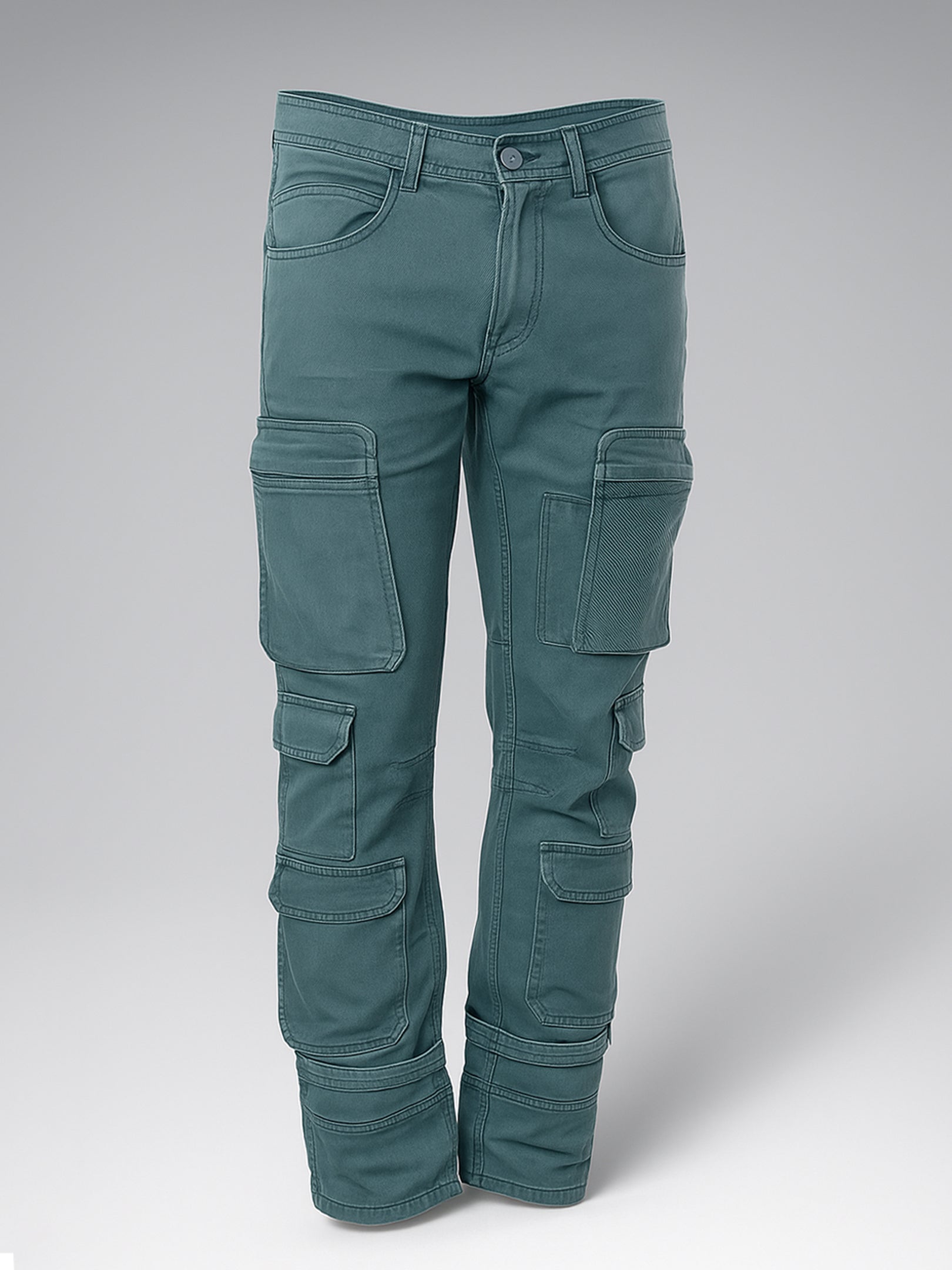Olive Green 10-Pocket Men's Denim Cargo