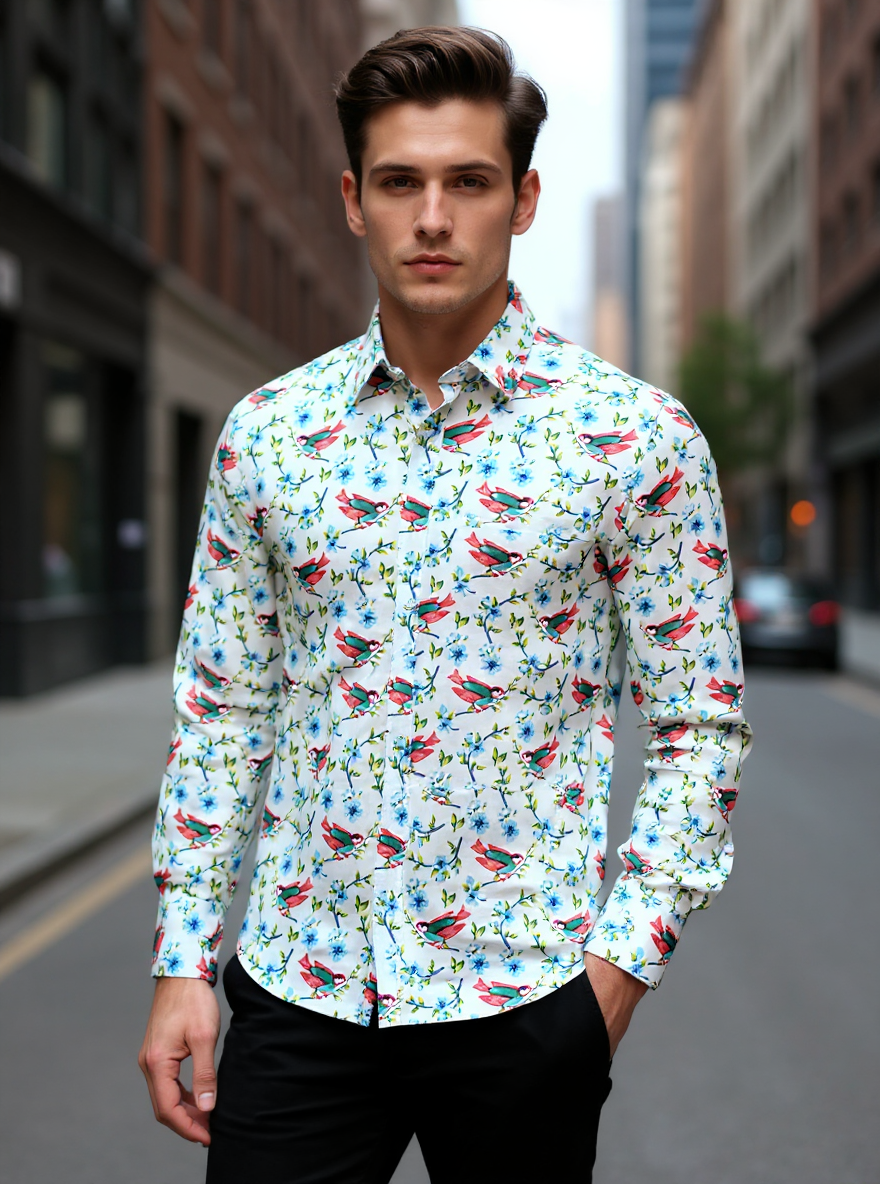 Multi Colored Bird & Floral  Sanganeri Pritned Shirt