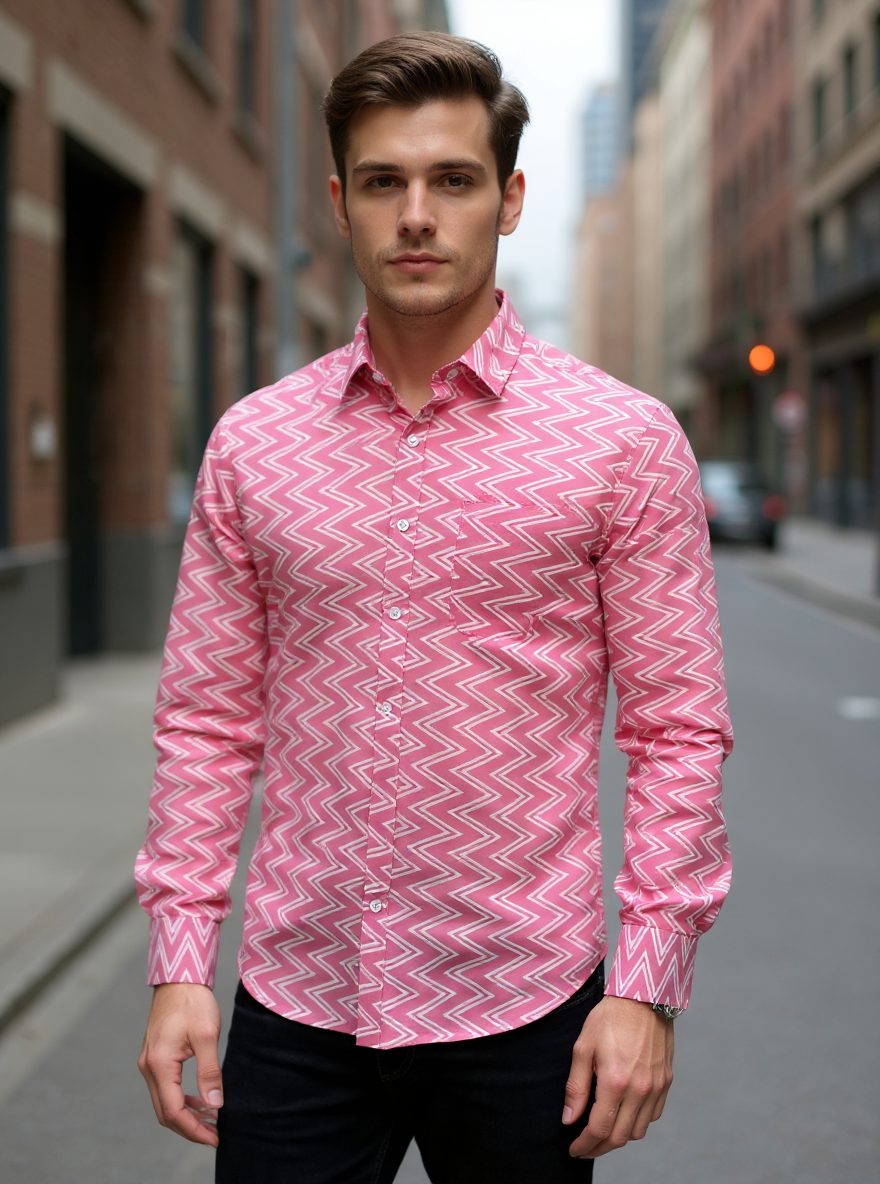Rose Pink Chevron Sanganeri Full Sleeves Shirt