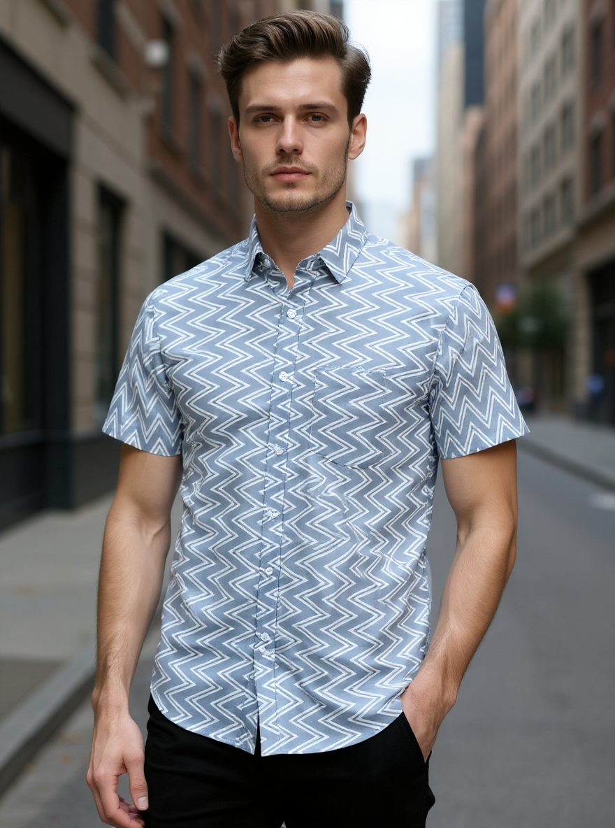 Charcoal Grey Chevron Sanganeri Half Sleeves Shirt