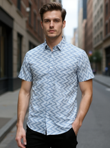 Charcoal Grey Chevron Sanganeri Half Sleeves Shirt