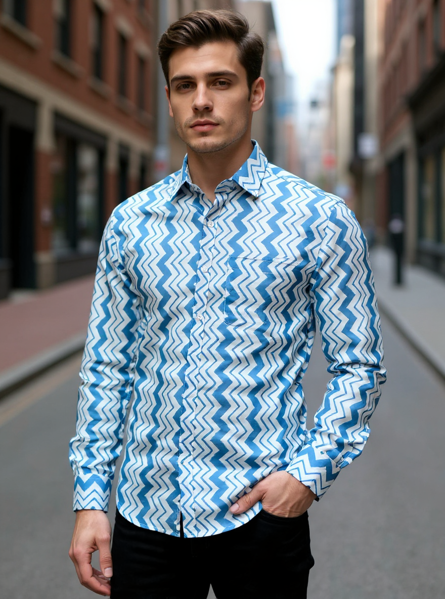 Blue Chevron Sanganeri Full Sleeves Shirt