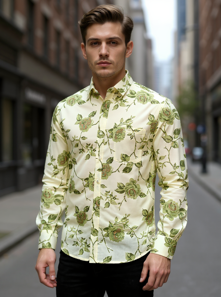 Off White Floral Sanganeri Full Sleeves Shirt