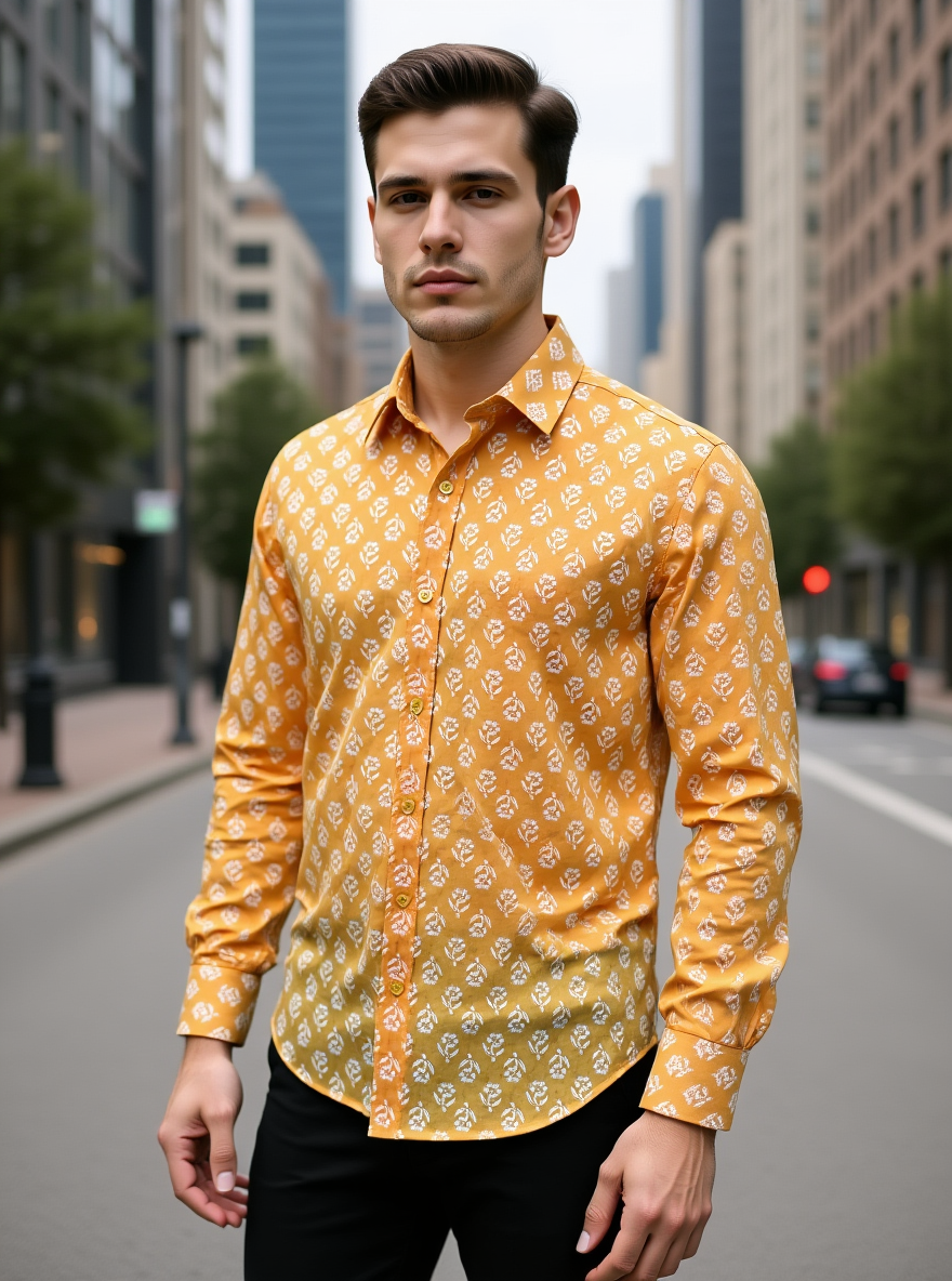 Mustard Sanganeri Floral Full Sleeves Shirt