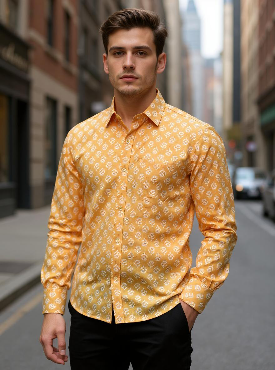 Mustard Sanganeri Floral Full Sleeves Shirt