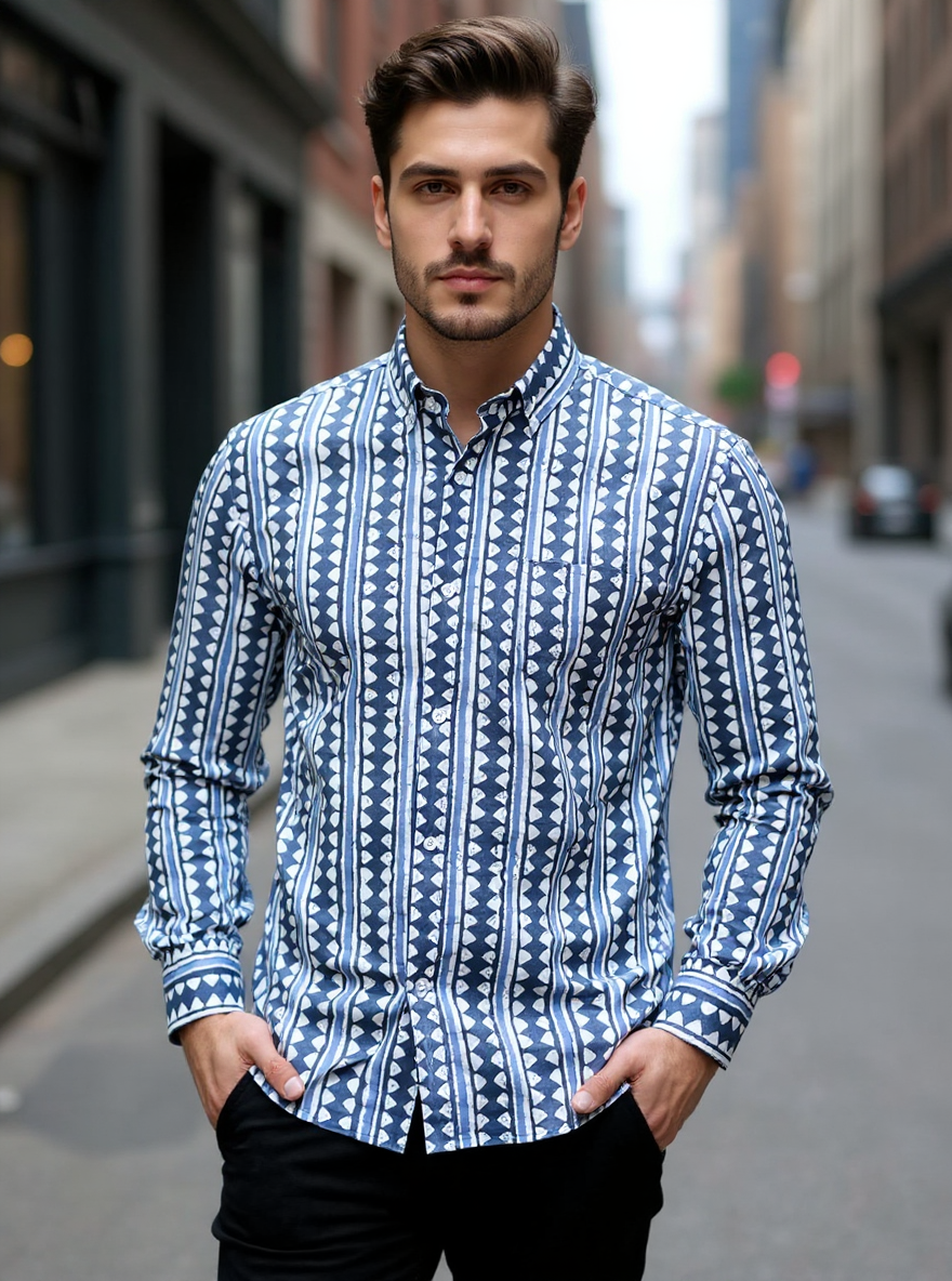 Indigo Tribal Stripes Sanganeri Full Sleeves Shirt