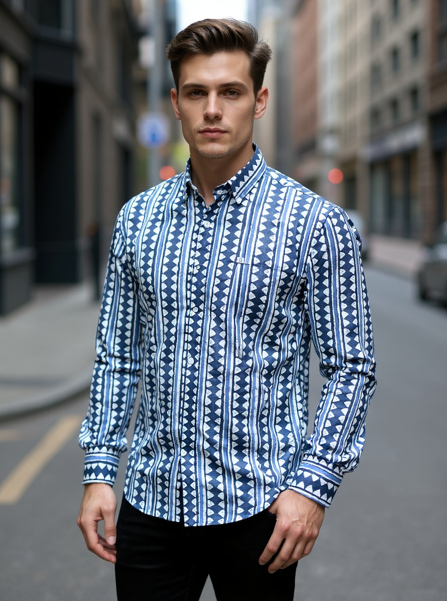Indigo Tribal Stripes Sanganeri Full Sleeves Shirt