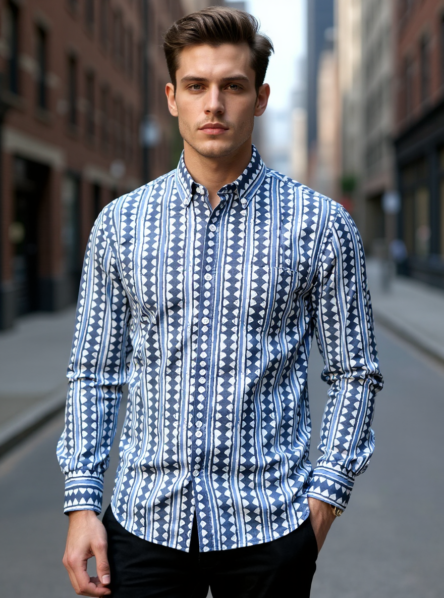 Indigo Tribal Stripes Sanganeri Full Sleeves Shirt