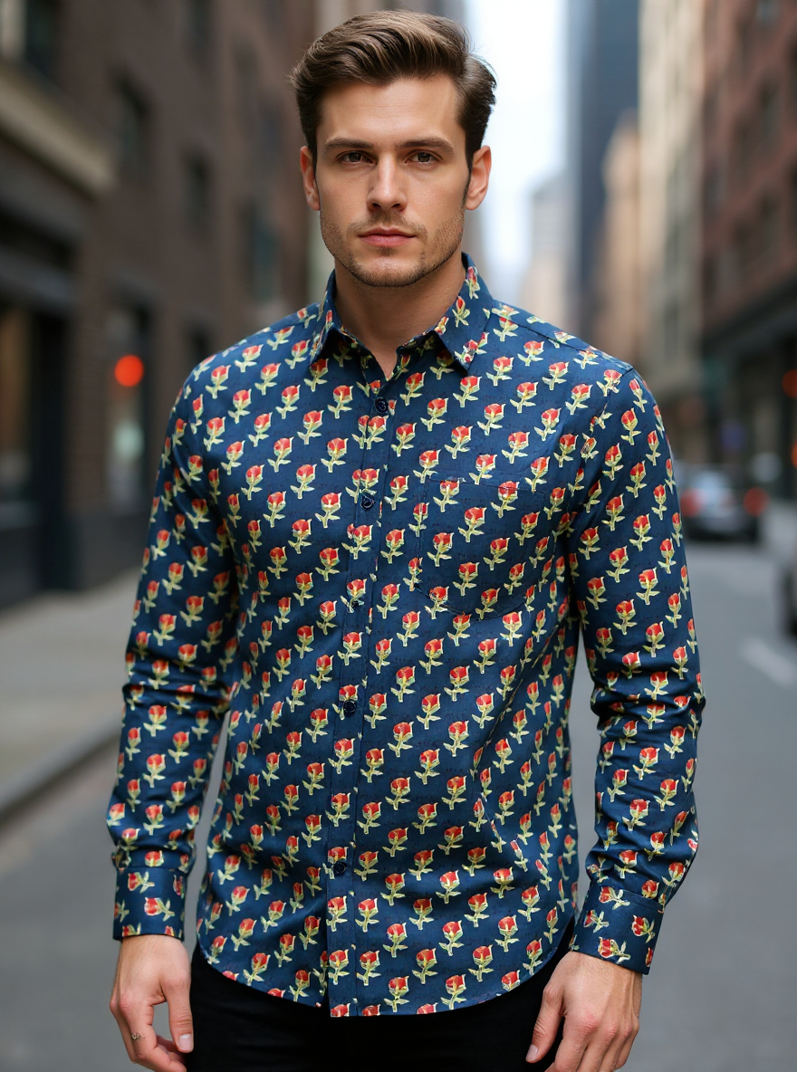 Steel Blue Floral Sanganeri Full Sleeves Shirt
