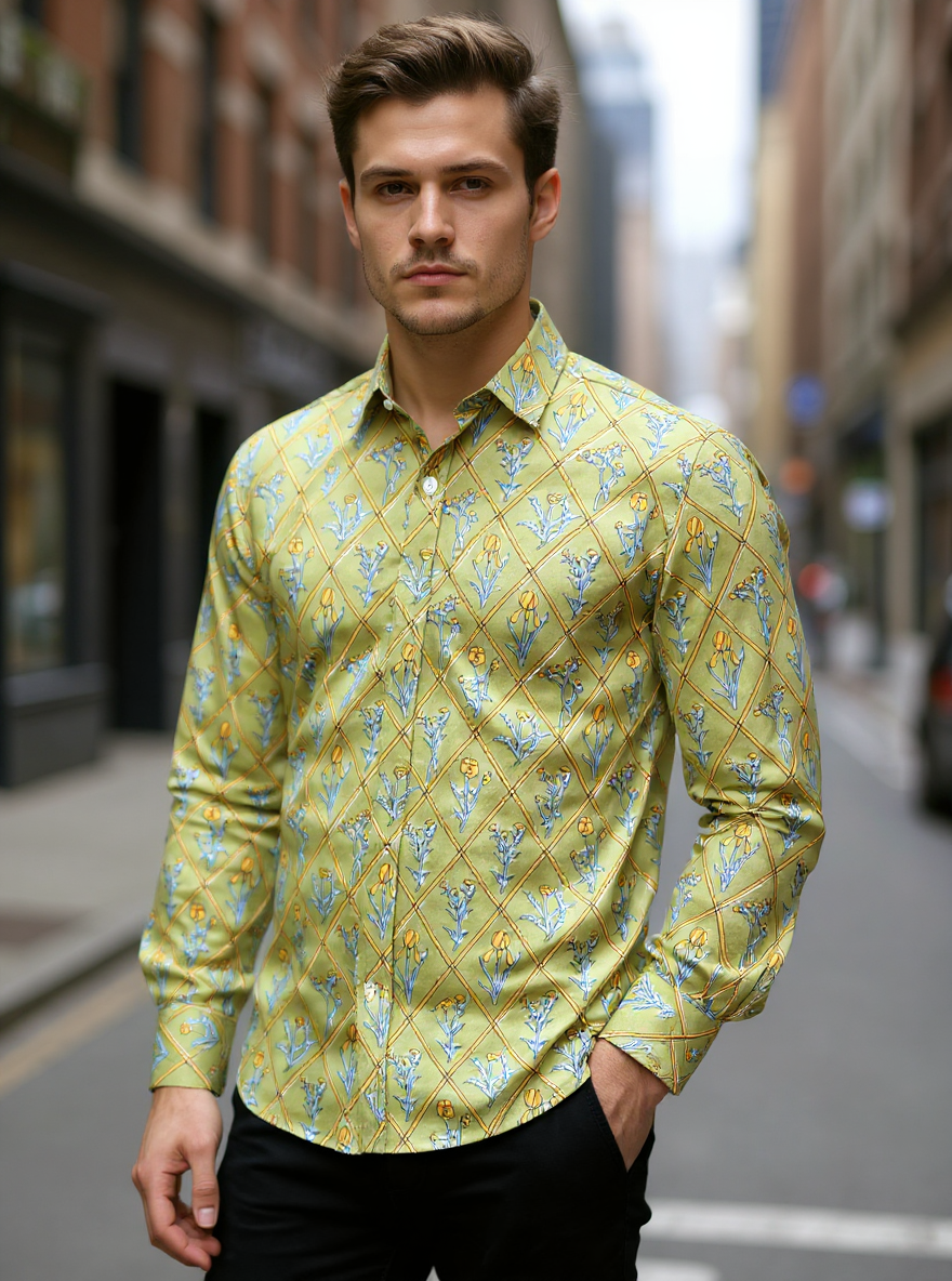 Mustard Floral Sanganeri Full Sleeves Shirt