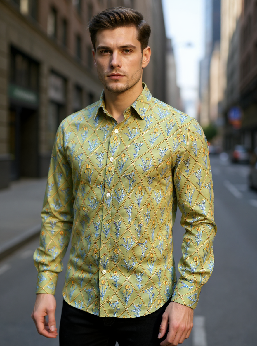 Mustard Floral Sanganeri Full Sleeves Shirt