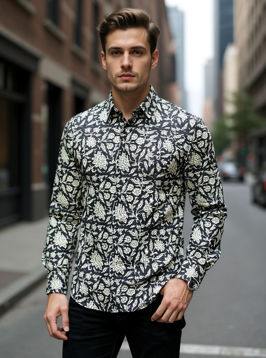 Black Mughal Floral sanganeri Full Sleeves Shirt