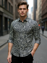Charcoal Black Leafy Vine Sanganeri Full Sleeves Shirt