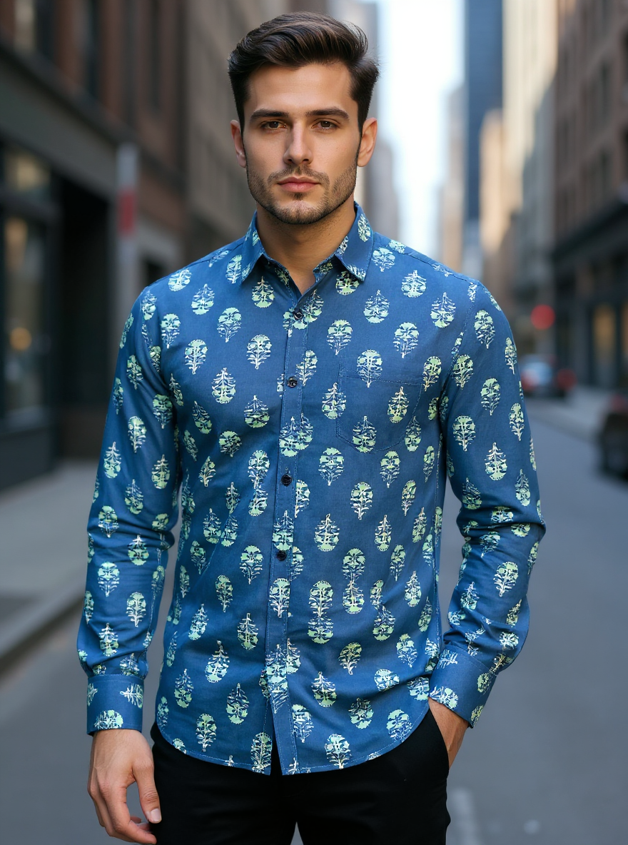 Blue Block Sanganeri Full Sleeves Shirt