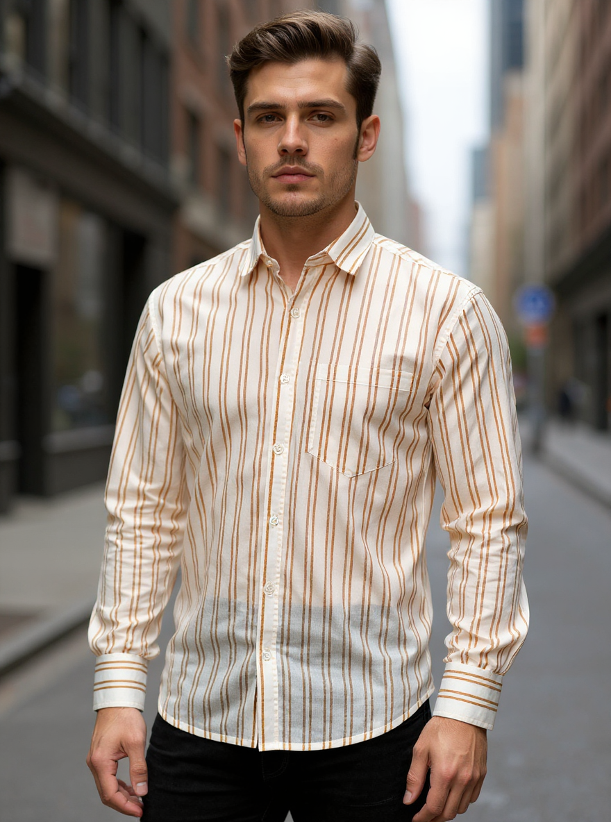 White & Pink Stripes Sanganeri Full Sleeves Shirt