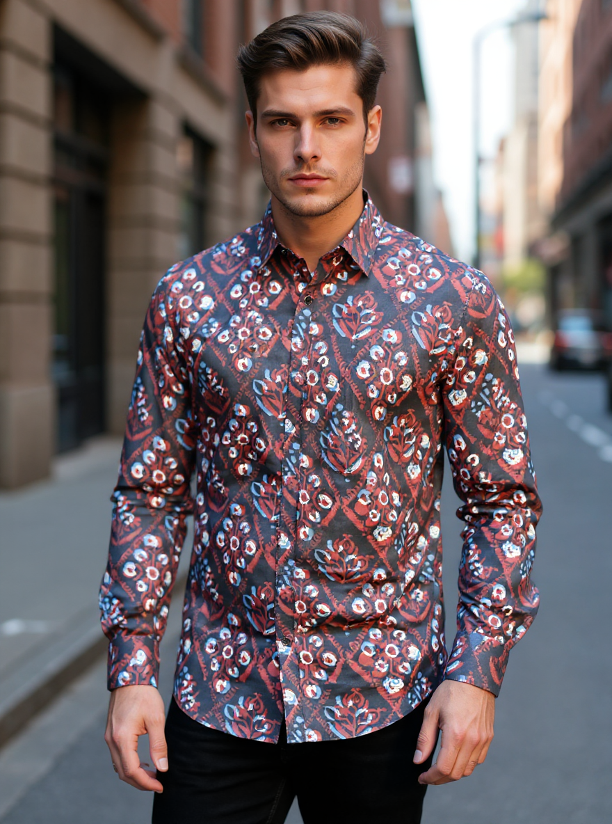 Navy Ajrakh Sanganeri Full Sleeves Shirt