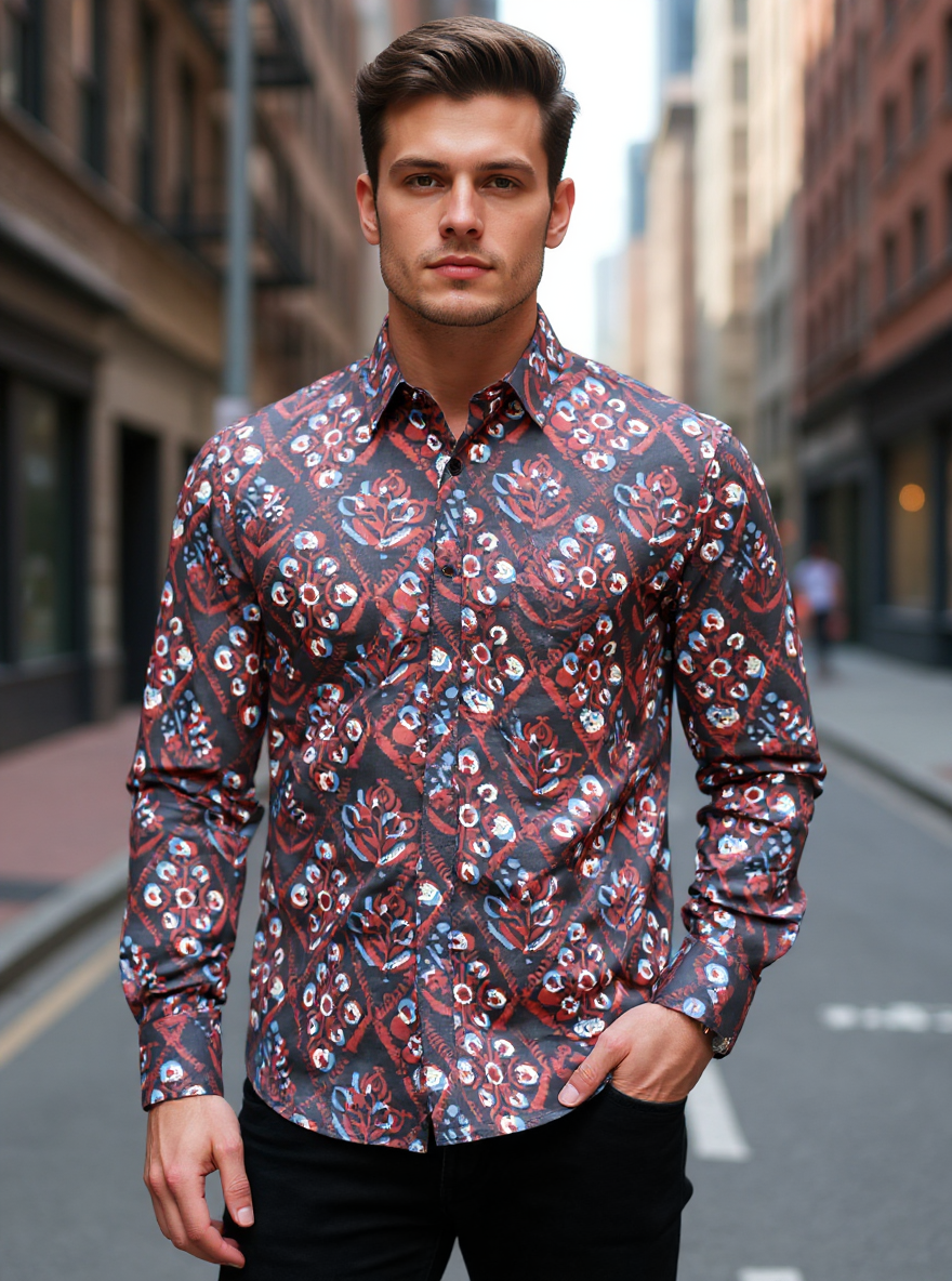 Navy Ajrakh Sanganeri Full Sleeves Shirt