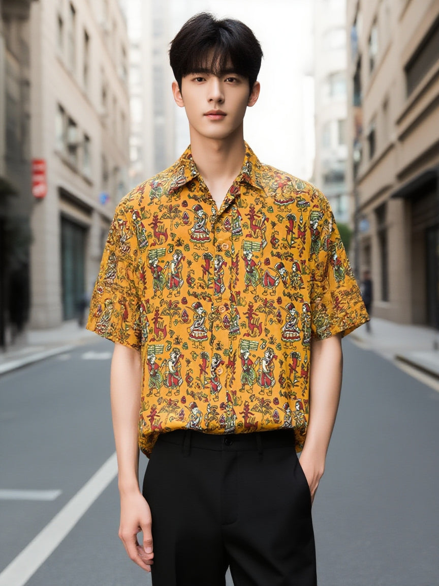 Yellow Kalamkari Sanganeri Full Sleeves Shirt