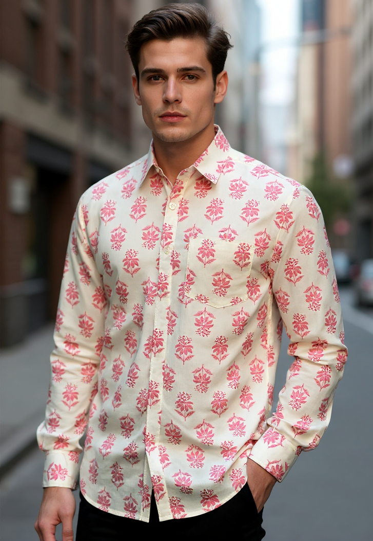 Off White Block Sanganeri Printed Full Sleeves Shirt