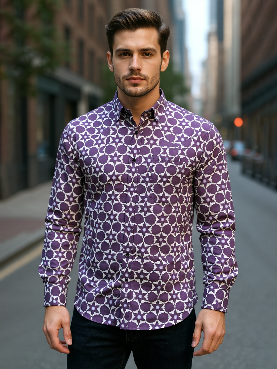 Deep plum Shibori star Full Sleeves Sanganeri Shirt