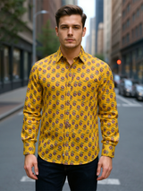 Mustard Floral Jacquard Sanganeri Full Sleeves Shirt