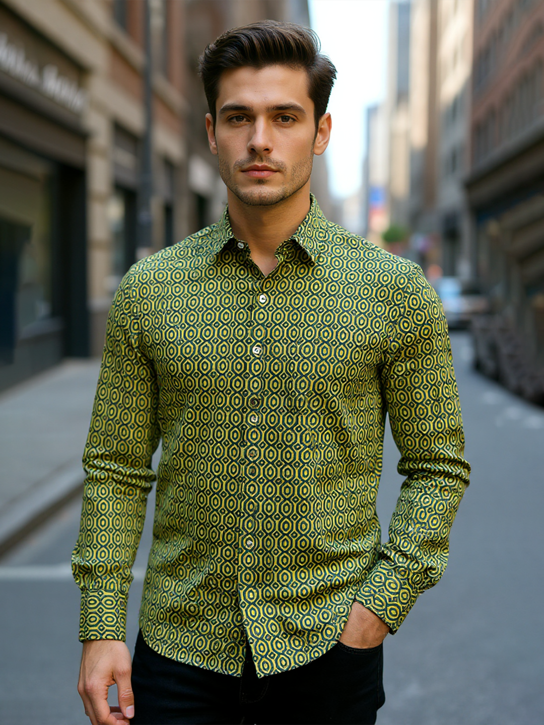 Green Sanganeri Geometric Buti Full Sleeves Shirt