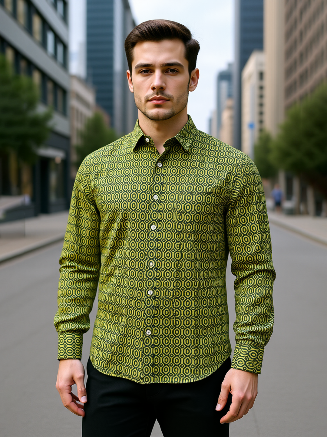 Green Sanganeri Geometric Buti Full Sleeves Shirt
