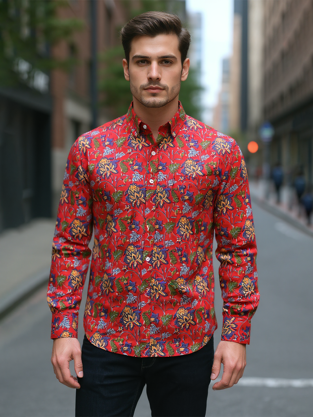 Red Floral Printed Sanganeri Full Sleeves Shirt