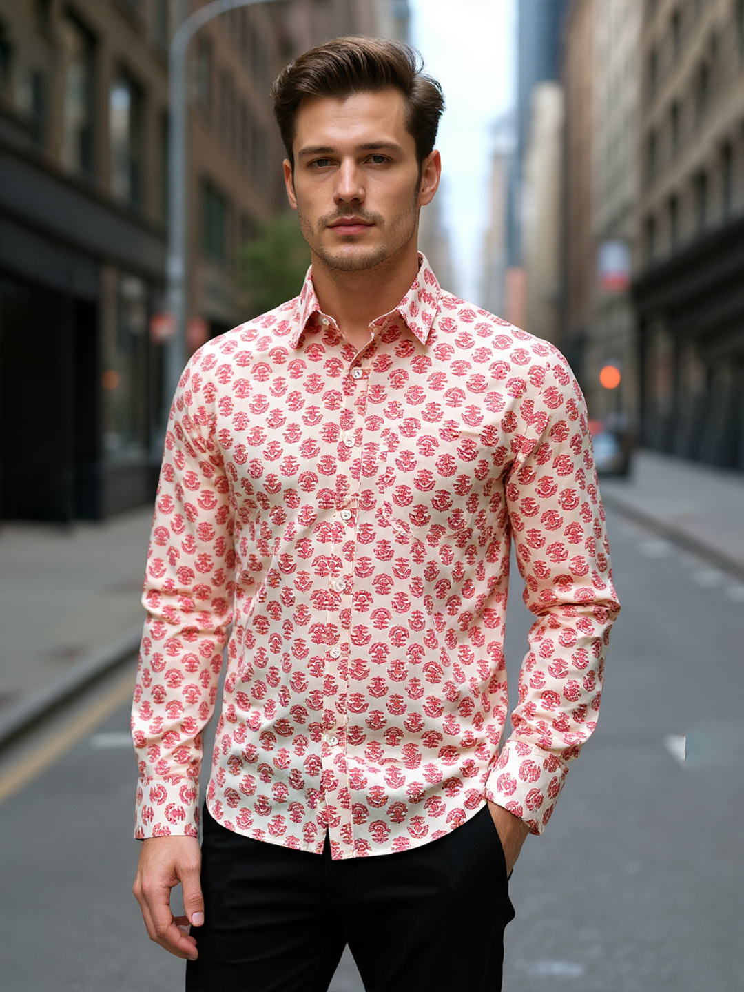 Off White Traditional Sanganeri Motif Full Sleeves Shirt