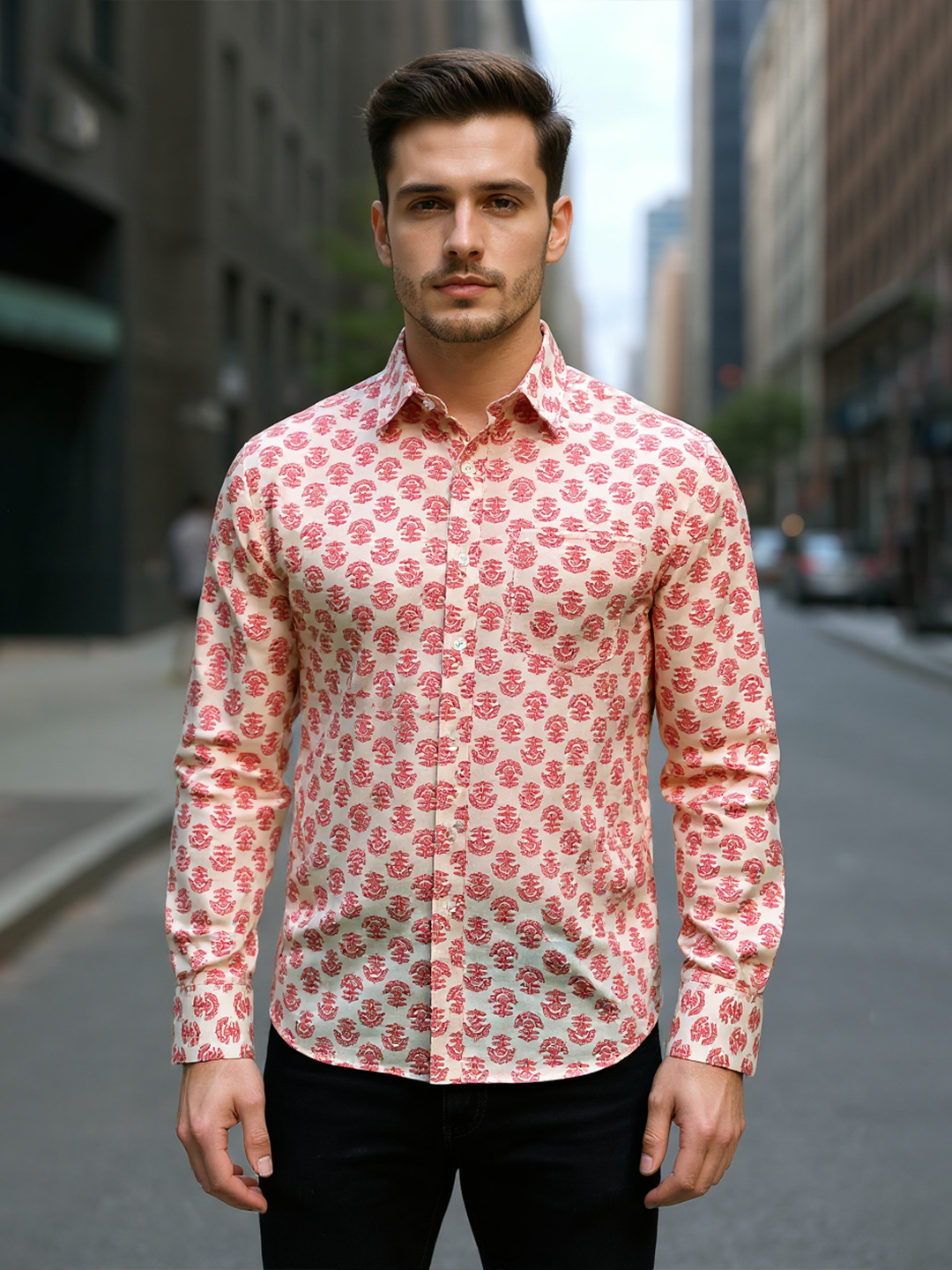 Off White Traditional Sanganeri Motif Full Sleeves Shirt