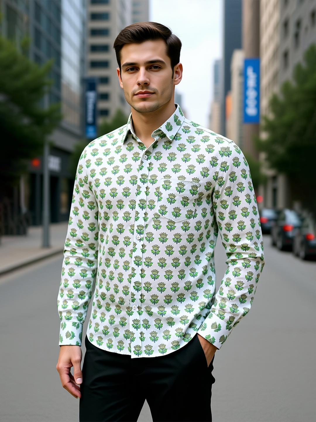 White Floral Buti Sanganeri Full Sleeves Shirt