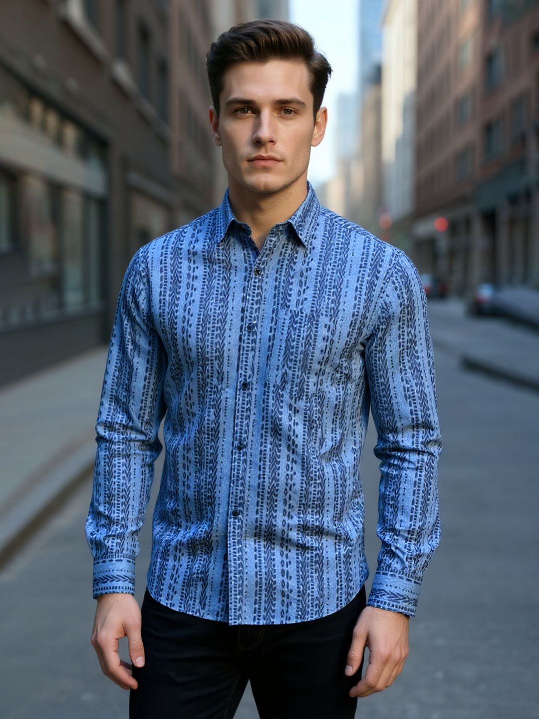 Powder Blue Geometric Sanganeri Full Sleeves Shirt