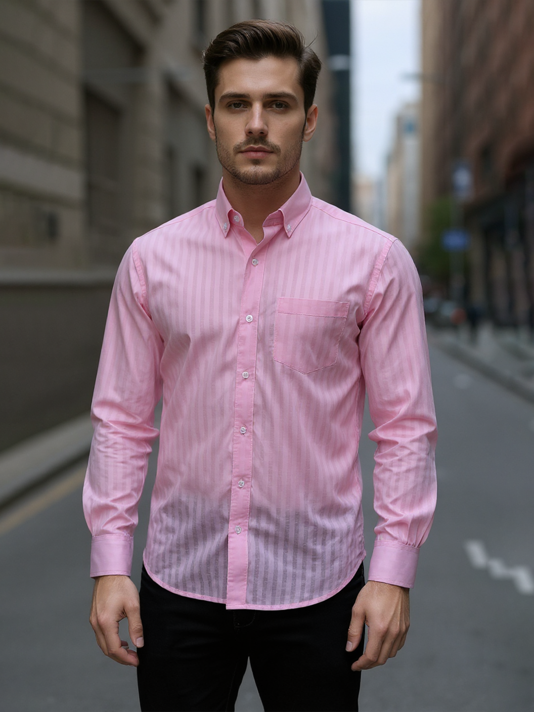 Pink Linen Textured Down Button Full Sleeves Shirt