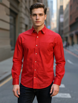 Red Linen Textured Down Button Full Sleeves Shirt